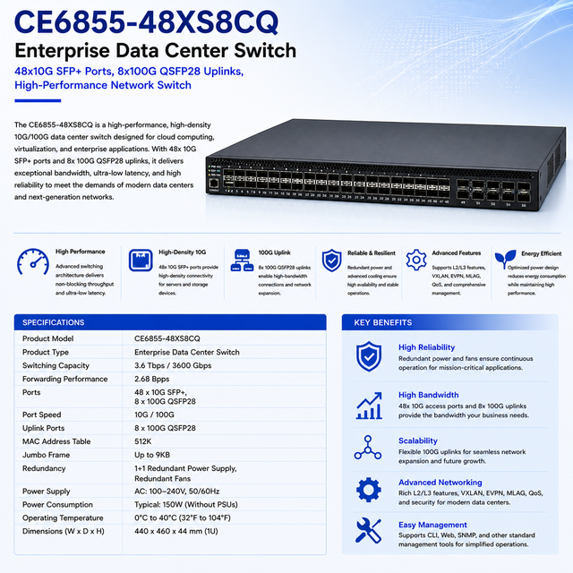 CE6855-48XS8CQ Enterprise Data Center Switch, 48X10G SFP+ Ports, 8X100G QSFP28 Uplinks, High-Performance Network Switch