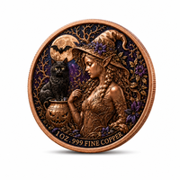Pièce commémorative en cuivre fin 99,9 % de 1 once, avec relief 3D, motif Halloween (Sorcière, Chat, Chaudron), Fleur Violette, Lune, Chauve-souris, Souvenir, Pièce de défi, Cadeau de présentation