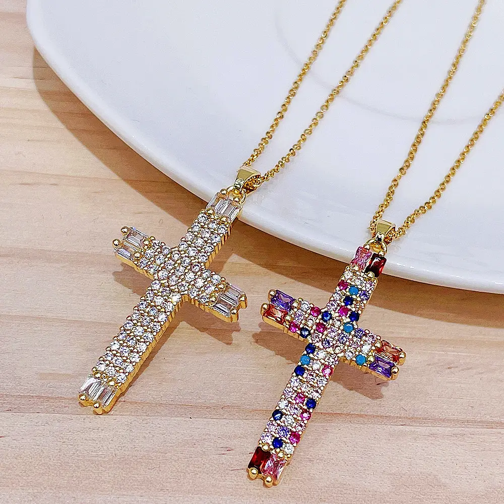 European And American Fashion Colorful Zircon Cross Necklace Pendant INS Collar Chain Versatile Personality Women's Jewelry Gift