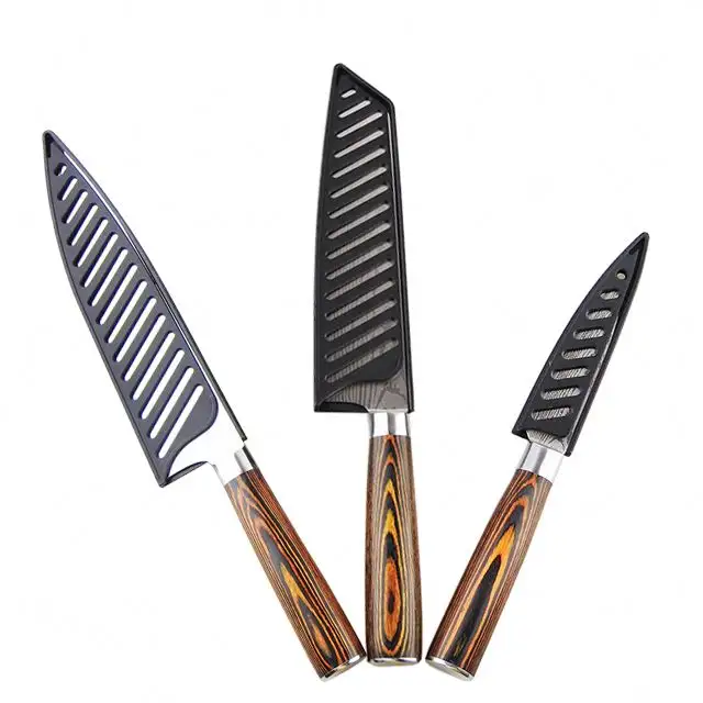 Set di coltelli da cucina da 3 pezzi Set di modelli Laser damasco per affettare strumento Santoku acciaio inossidabile giapponese 5CR15 ad alto tenore di carbonio