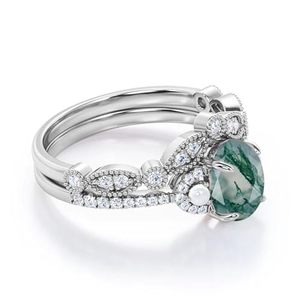 Ensemble de bagues de mariage classiques pour femmes en argent sterling 925 avec agate verte mousse ovale de 1,55 carat et perle - Product Image 2