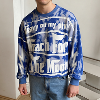 Sweatshirt Crewneck Tie Dye Biru Pria Gaya Hip Hop Streetwear, Cetak Slogan Kompas Dua Sisi, Cetak Petir, Raw Hem, Model Crop