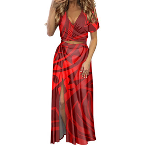 เดรสผู้หญิงคอลเลคชั่นใหม่ปี 2020 ขายส่ง เสื้อผ้าผู้หญิง เดรสผ่าข้าง ลายดอกฮิบิสคัสโพลินีเซียน แขนสั้น คอวี - Product Image 1