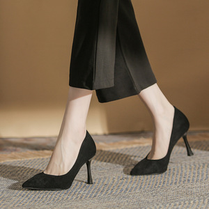 <b>Black</b> Suede Pointed Toe Stiletto Heel <b>Pumps</b> For Office Spring Women's Shoes 6685-8 - Product Image 1