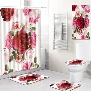 印花3D淋浴帘，带地垫的花卉淋浴帘套装，定制可水洗淋浴帘