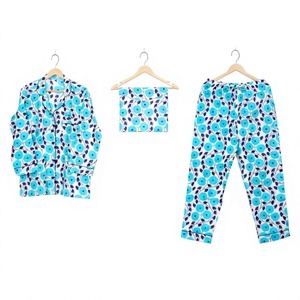 Ensemble de pyjama pour femmes en pur coton, taille élastique, doux et respirant, style indien, motif floral de Noël, bleu ciel, vêtements de nuit d'été - Product Image 1