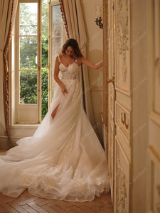 Phụ nữ bên khe sáng bóng long lanh vải tuyn đính cườm ren không tay sang trọng biện pháp để mặc váy cưới - Product Image 6