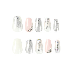 Wholesale ABS Short Ballerina Coffin Silver Rhinestone Glitter Press on <b>Nails</b> with <b>Nail</b> Glue for Finger Design <b>Nail</b> Beauty - Product Image 2