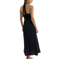 Robe longue décontractée en lin noir uni pour femme, col halter sans manches, avec fermeture éclair avant en V profond et coupe évasée, vente en gros