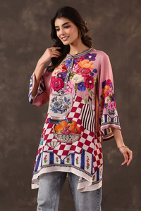 Blusa Túnica con Estampado Floral Artístico, Corte Holgado, Mangas Campana, Diseño Contemporáneo, Camisa Casual de Moda, Elegante para Uso Diario - Product Image 4
