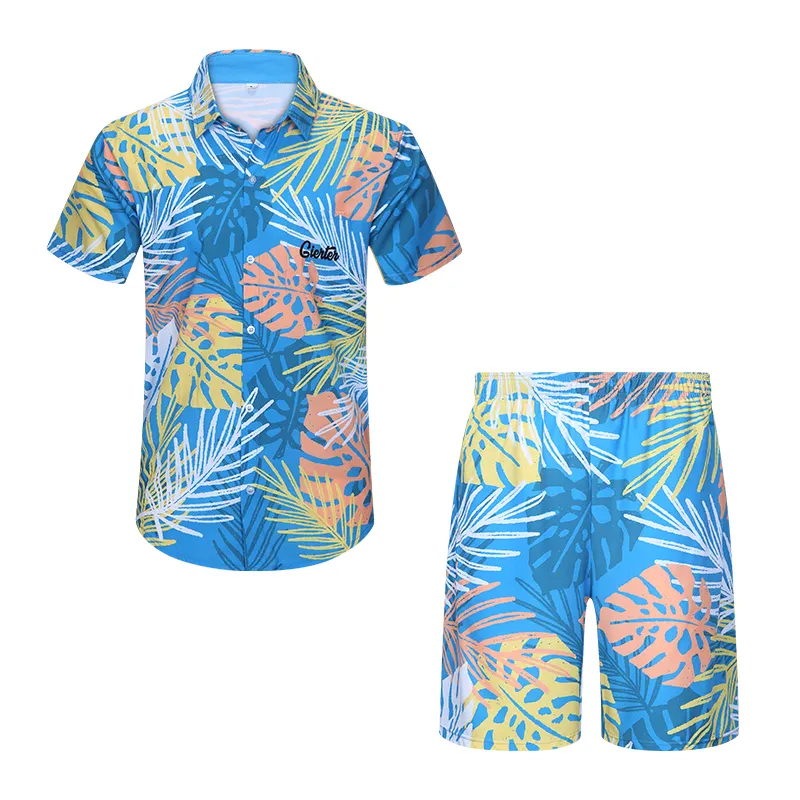 Wholesale Custom Printed 100% Polyester Men's Casual 2 Piece Outfits Short Sleeve Button Down Hawaiian Shirt and Shorts Set