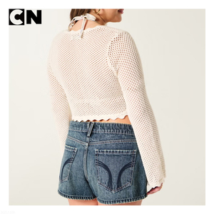 GRS Certification Sweater Manufacturer Custom Women <strong>White</strong> Cotton Polyester Long Sleeve Crochet Tie Front <strong>Shrug</strong> <strong>Cardigan</strong> Sweater - Product Image 3