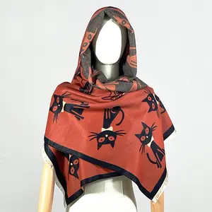 Wholesale double-side viscose shawls Knitted woven Cat pattern scarf muslim hijabs neck warmer tassel stoles for women winter