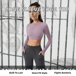 Camisetas de manga larga para mujer, duraderas, para yoga, atléticas, antibacterianas, de spandex/nailon, ajustadas. - Product Image 2