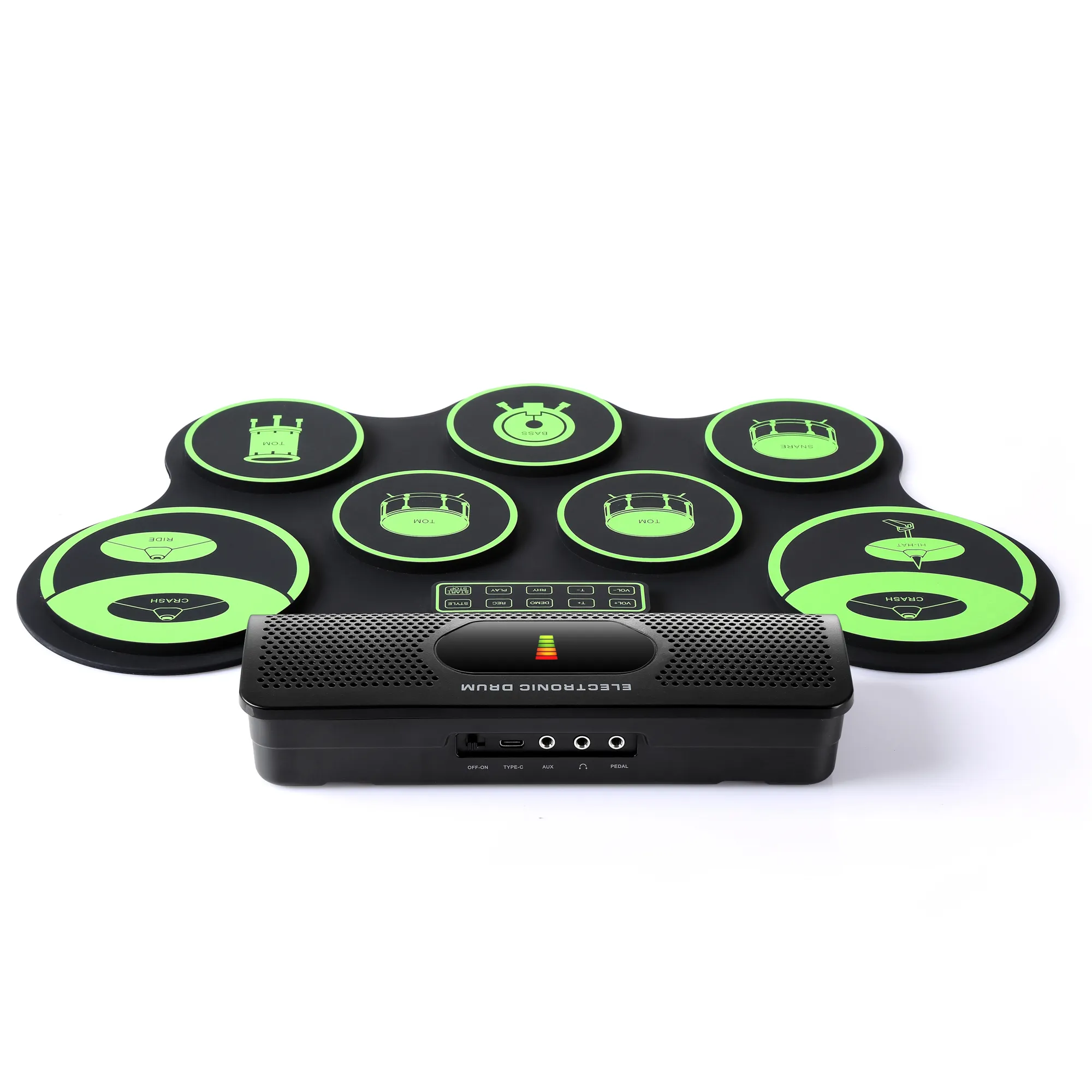 Tambor eléctrico portátil, juego de batería electrónica Mono Digital, 7 almohadillas de silicona, altavoz incorporado, alimentado por Usb con baquetas, pedales de pie
