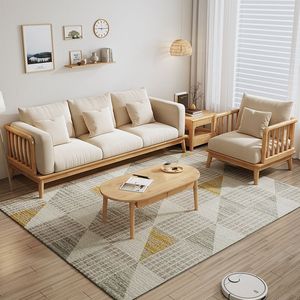 Conjunto de Sofás Modernos Minimalistas em Madeira Sólida e Tecido Estilo Wabi-sabi Creme 1+2+3 para Apartamento Pequeno - Product Image 3
