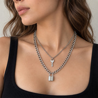 Collier pendentif double couche couleur argent avec cadenas, chaîne réglable, bijoux punk tendance pour femmes et filles, cadeau de fête