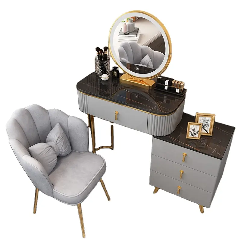 طاولة زينة خشبية عصرية بأرجل ذهبية للبيع بالجملة، طاولة مكياج وزينة مع مرآة ومسند لأثاث المنزل الفاخر