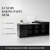 Bureau en L noir brillant avec peinture laquée, mobilier de réception, grands rangements, design moderne, personnalisable