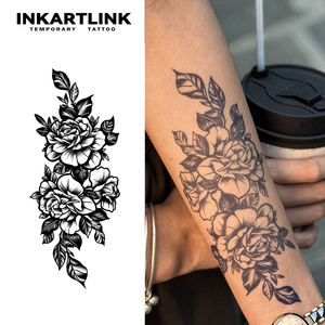 INKARTLINK Adesivo Tatuaggio <span class=keywords><strong>Vintage</strong></span> Rosa Doppio Fiore Schizzo Floreale Estetico Blackwork Erboristico 15 Giorni Forniture all'Ingrosso - Product Image 1