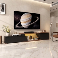 Meuble TV pliable de luxe en bois avec LED, console multimédia moderne noire avec 2 tiroirs pour salon et chambre, compatible avec les téléviseurs de 65 pouces et plus
