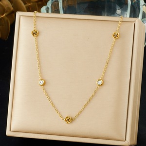Gold Plated Rose Pendant Necklace With Diamond Round Brilliant Cut Stainless Steel Chain Floral Everyday Wear - Product Image 1