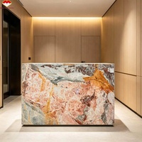 Table de salle à manger îlot cascade de luxe en marbre de calcite rose et vert naturel, imperméable et durable, pour cuisine et villa