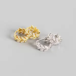 Dropshipping 925 Sterling Silver Earrings Elegant Olive Leaf Shape With Shiny Zircon Diamond Gold Plated Hoop Earrings For Women