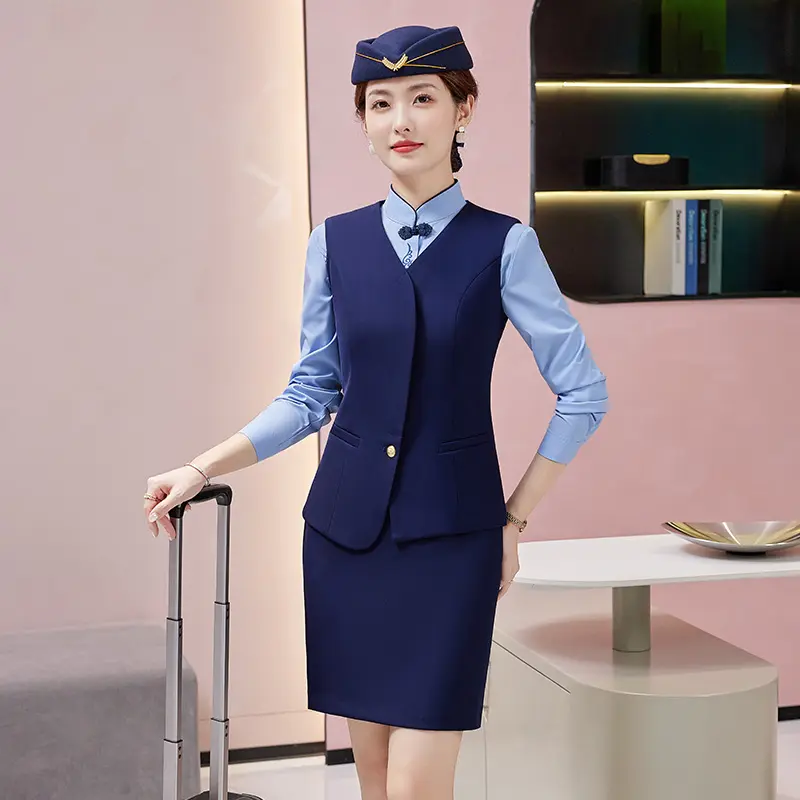 カスタムロゴ女性チョッキベストフォーマル航空航空会社ホステスユニフォームファッション航空会社スチュワーデスユニフォーム