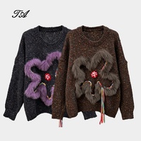 Sweater Rajut Cokelat Tyan Winter dengan Bulu Rubah 3D dan Hiasan Bunga, Pullover Rajut Longgar untuk Wanita, Pakaian Rajut Vintage, Sweater Hangat untuk Wanita