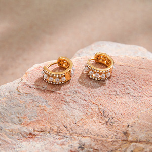 Huggie Earrings Gold Tone Pearl Rhinestone Channel Setting Stainless Steel Everyday Wear - Product Image 4