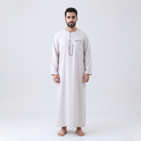 Nouvelle Collection 2026 : Qamis Homme Musulman Gris Clair à Manches Longues, Broderie Arabe, Robe Islamique Jubba pour Ramadan et Aïd