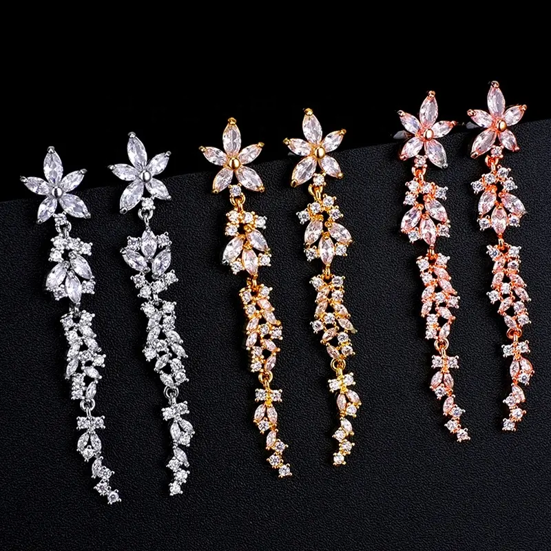 2022 Luxury Exquisite Cubic Zirconia Long Earrings For Women Leaf Crystal Flower Earring Female Wedding Jewelry New Gift