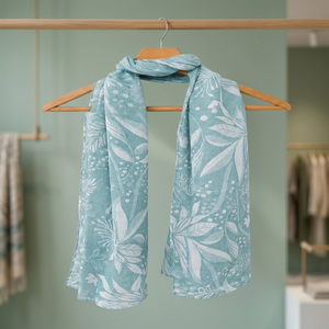 Luxury Botanical Blue Dobby Weave <b>Scarf</b> - Soft Digital Printed Poly Wrap & Tassel Travel <b>Shawl</b> - Product Image 2