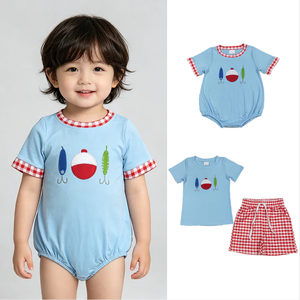 ชุดรอมเปอร์เด็กผู้ชายสีฟ้าอ่อนแขนสั้นลายปักตกปลาแบบ 2 ชิ้น ชุดฤดูร้อน RTS - Product Image 4