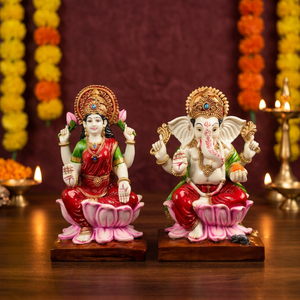 Multicolor Resin Ganesh And Lakshmi <b>Statues</b> Set Of 2 Traditional Handmade <b>Religious</b> Figurines For Tabletop Display - Product Image 1