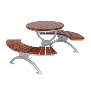 Mesa de pícnic de madera redonda para exteriores con Banco curvo, juego de jardín, patio, café comercial, mesa de té, mesa de comedor exterior y silla - Product Image 1