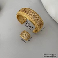 Ensemble de bracelet et bague vintage à motif floral, en cuivre plaqué or, serti de zircon brossé, bijoux pour femmes