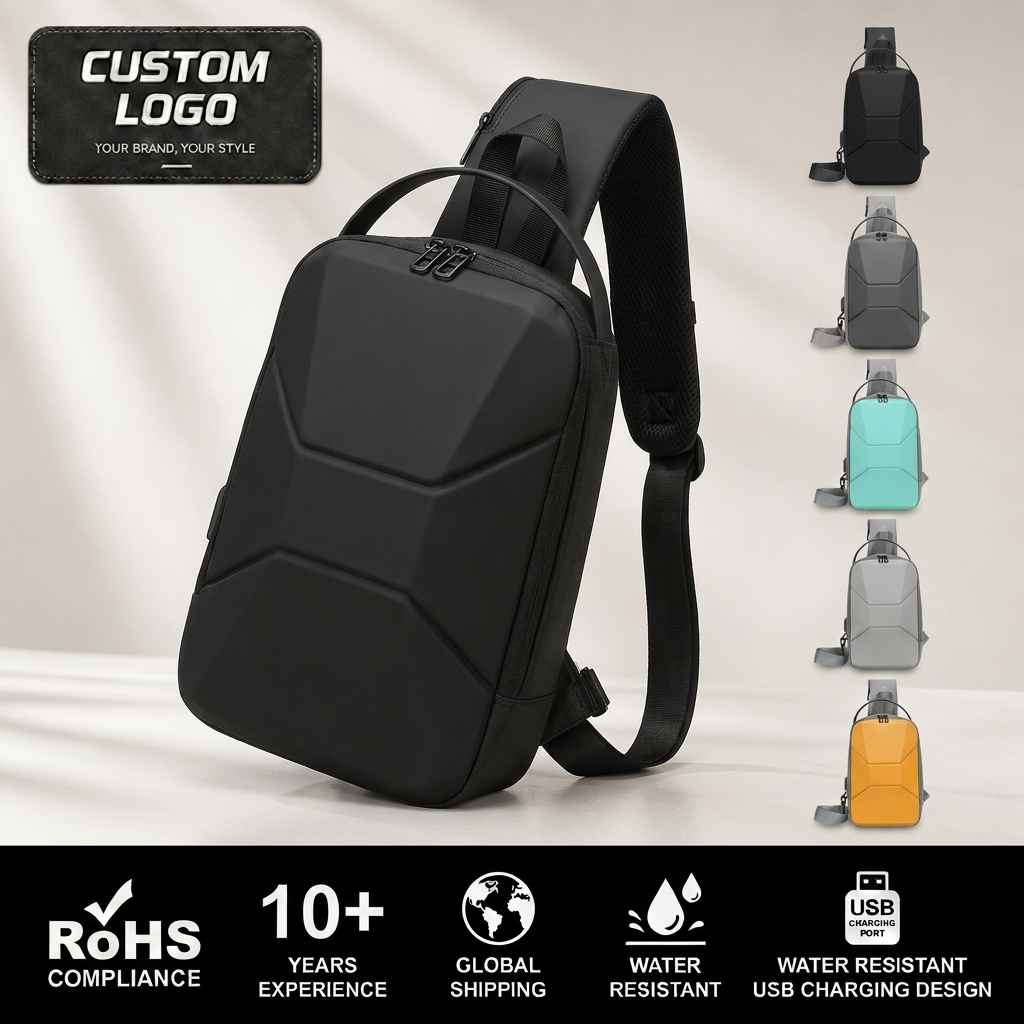 Custom Logo Hard Shell Men's Chest Bag with TSA Lock Anti-theft Waterproof Sling Bag USB Charging Crossbody Bag for Wholesale