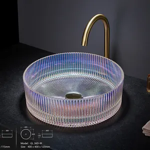 Colorful engraved vertical stripes crystal glass washroom wc countertop wash basin bathroom glass table top sink bowl lavabo