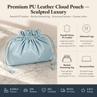 Tas Kantong Serut Kulit PU Biru Muda dengan Logo Embos Custom, Tekstur Kerut Awan, Lembut Mewah, untuk Kemasan Kosmetik, Perhiasan, dan Hadiah, OEM