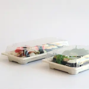 Available Eco-friendly Disposable Bagasse Sushi Tray Food Tray Bagasse Sushi Tray With PET Lid