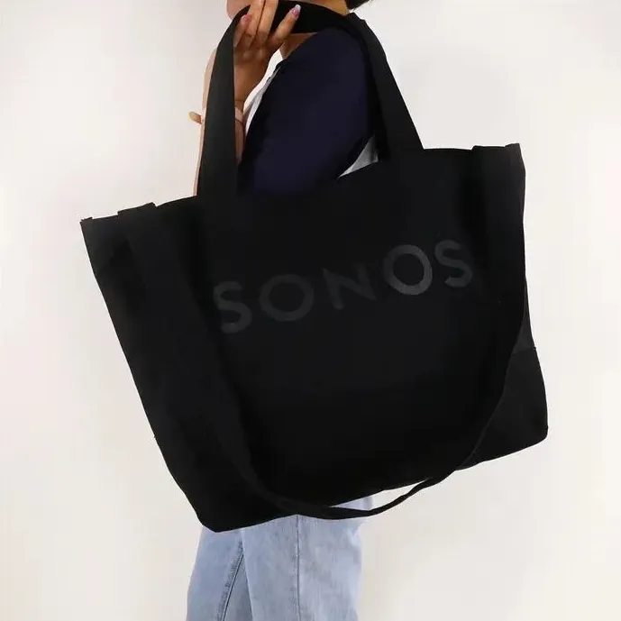 Bolso de compras de lona negro grande para mujer con logotipo personalizado, bolso de compras de algodón con correa para el hombro