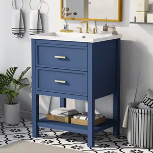 24 pouces 60cm Trendy bleu marine en contreplaqué petite salle de bain en bois vanité avec comptoir en céramique et lavabo combo