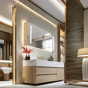 Mueble de baño de lujo moderno montado en la pared con espejo LED, armario de baño de almacenamiento grande con carcasa de PVC MDF <span class=keywords><strong>para</strong></span> hoteles - Product Image 2