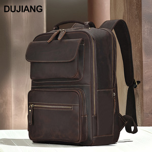 Dujiang Crazy Horse Leather <b>Backpack</b> Men Large Capacity Casual Travel Business Laptop Bag Solid Color 20L - Product Image 2