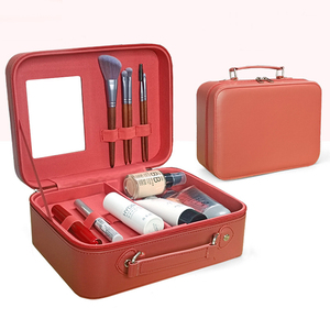 Grande boîte d'organisation de maquillage de voyage <span class=keywords><strong>rechargeable</strong></span> avec sac en <span class=keywords><strong>cuir</strong></span> tendance miroir LED avec fermeture à glissière - Product Image 2