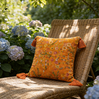 Housse de coussin en velours brodée de fleurs - Housse de coussin orange bohème avec pompons - Coussin décoratif vintage pour canapé-lit