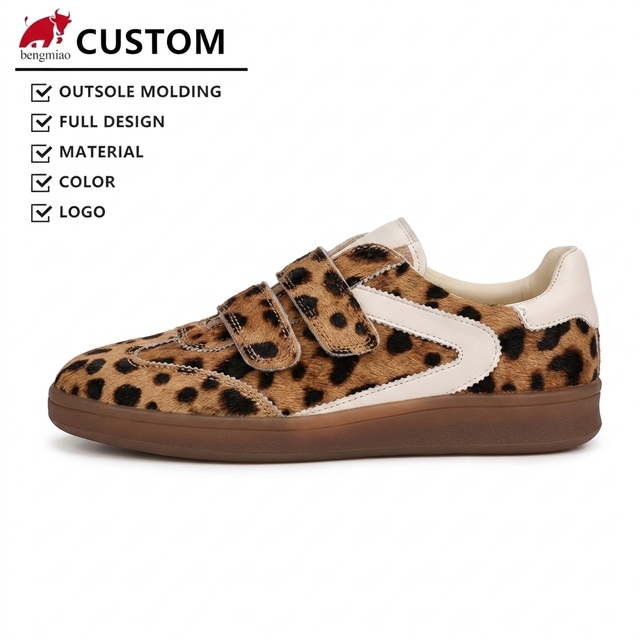 2026 Custom Shoes Womens Sneaker Brown Leopard Animal Print Leather Upper Hook & Loop Closure US Size 7