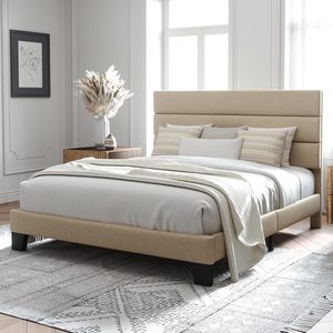 Base de Cama de Plataforma Metálica Tamaño Queen Dwoo con Cabecera Tapizada en Tela y Soporte de Listones de Madera - Product Image 3
